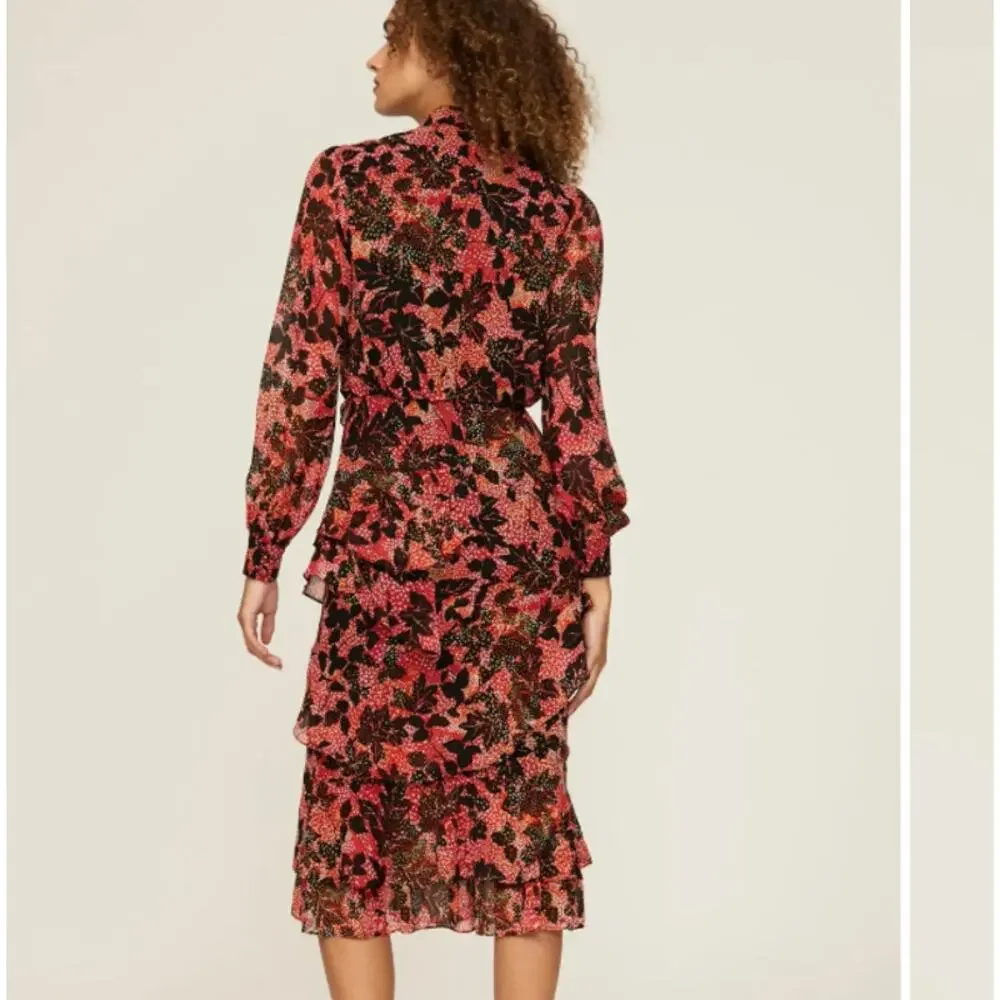 Saloni Floral Chiffon Midi Dress SIZE 4 Silk Ruffle Mockneck Work Designer $700 - Picture 2 of 12